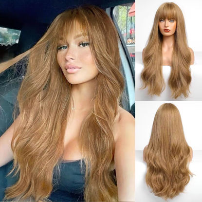 Picture of HAIRCUBE Blonde Wig with Bangs for Women Long Wavy Hair Wig Blonde Wig Curly Wavy Synthetic Wigs for Girls Daily Party Use