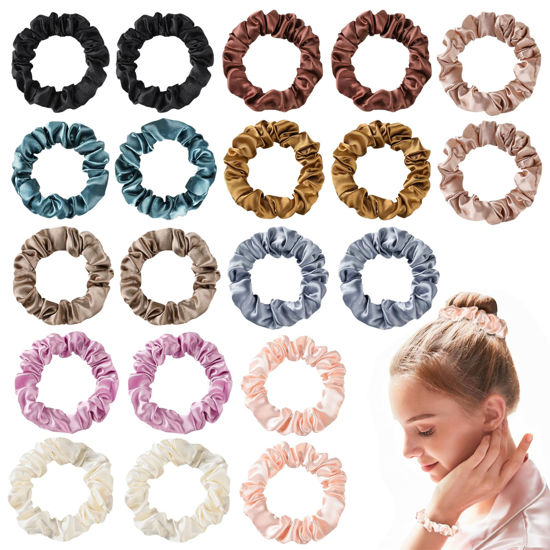 Picture of Hair Ties Satin Silk Small Scrunchies for Women Girls Ponytail Holders 20 Pcs Mini Bulk Scrunchies Elastic Hair Bands for Thick Curly Hair Pony Tails Hair Ties