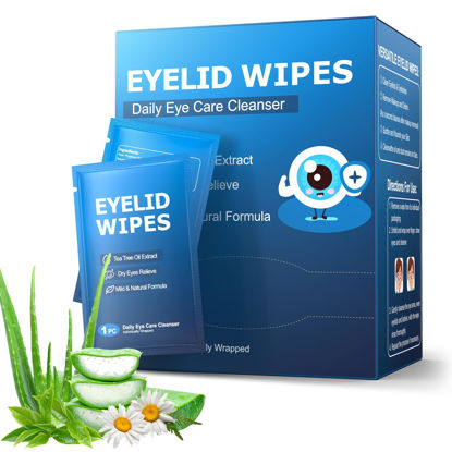 Picture of 60PCs Eyelid & Lash Wipes with Hyaluronic Acid, Tea Tree Oil Eyelid Cleaser For Blepharitis, Itchy & Stye Eyes, Pre-Moistened Eyelid Wipes for Dry Eyes Relief, Daily Eye Cleanser for Sensitive Eyes