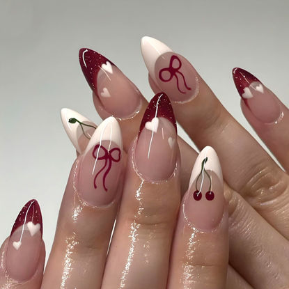 Picture of 24Pcs French Tip Press on Nails Medium Almond Fake Nails with Red Cherry Bow Heart Designs Glossy False Nails Valentines Day Cute Acrylic Gel Glue on Nails for Women Girlfriend Gift