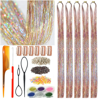 Picture of CelineBella Hair Tinsel Kit with Tools Galaxy Glitter Tinsel Hair Extensions Heat Resistant Highlights Sparkling Fairy Hair for Kids Women Girls(48 Inch Pack of 5Pcs, Galaxy)
