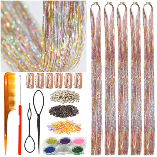 Picture of CelineBella Hair Tinsel Kit with Tools Galaxy Glitter Tinsel Hair Extensions Heat Resistant Highlights Sparkling Fairy Hair for Kids Women Girls(48 Inch Pack of 5Pcs, Galaxy)