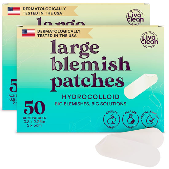 Picture of LivaClean LC 𝟏𝟎𝟎 𝐂𝐓, 𝟐 𝐏𝐚𝐜𝐤 Large Hydrocolloid Acne Patches - for Pore Spots Nose Face Cystic Pimple Zit Patch - Big Pimple Patches Hydrocolloid Bandages Strips Stickers Patch XL Large Acne