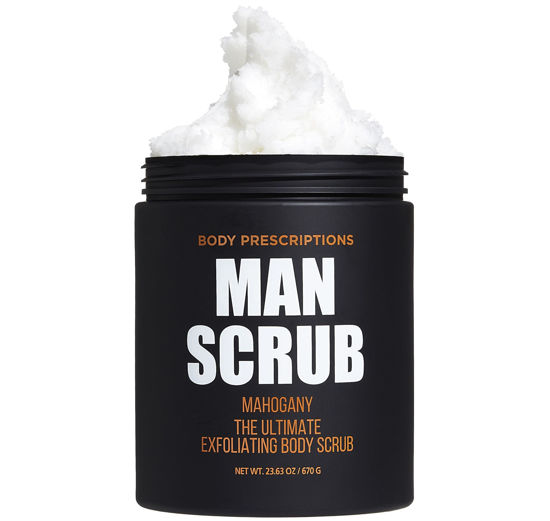 Picture of Body Prescriptions Men’s Exfoliating Body Scrub - Ultimate Skin Cleansing Wash in Jar with Twist-Top Lid, For All Skin Types, 21 Ounce (Pack of 1), Mahogany