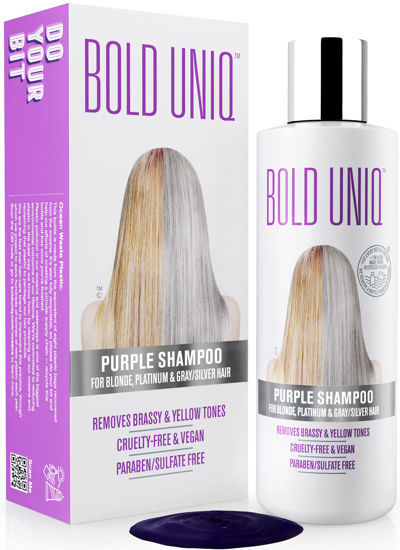 Picture of Bold Uniq Purple Shampoo - Remove Yellow Tones & Condition Damaged Hair - For Blonde, Silver or Grey Hair - Paraben & Sulfate Free, Vegan - 8 fl oz