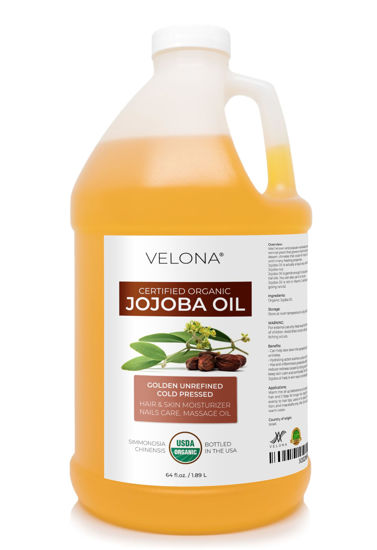 Picture of velona Jojoba Oil USDA Certified Organic - 64 Fl Oz | 100% Pure and Natural Carrier Oil| Golden, Unrefined, Cold Pressed, Hexane Free