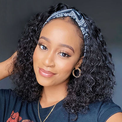 Picture of Aiterina Headband Wig deep wave human hair wigs for Black Women Brazilian Remy Hair Glueless Non Lace Front Wig 150% Density Natural Color (8 inch, Headband Wig Deep Wave)