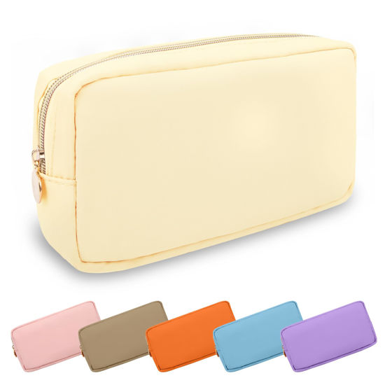 Picture of Waterproof Small Makeup Bag Pouch for Purse,Nylon Travel Toiletry Storage Bag Cute Preppy Cosmetic Bag for Women Girl,Waterproof Makeup Organizer Bag Skincare Bag Purse with Zipper(Small-Beige)