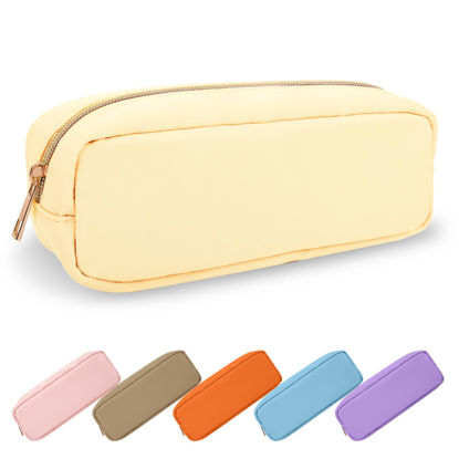 Picture of UIXIZQ Waterproof Small Pencil Case Makeup Bag for Purse,Cute Pencil Pouch Preppy Nylon Makeup Brush Holder with Zipper,Girls Portable Storage Case Small Pen Bag for Office College(Slim-Beige)