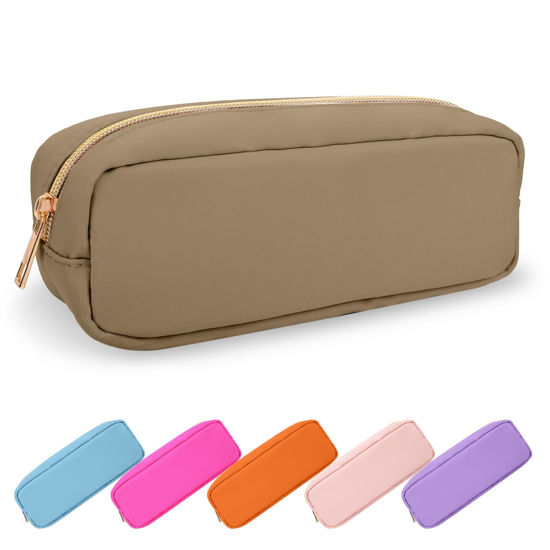 Picture of UIXIZQ Waterproof Small Pencil Case Makeup Bag for Purse,Cute Pencil Pouch Preppy Nylon Makeup Brush Holder with Zipper,Girls Portable Storage Case Small Pen Bag for Office College(Slim-Khaki)