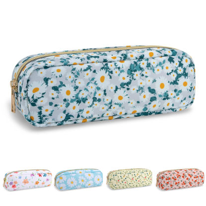 Picture of UIXIZQ Waterproof Small Floral Pencil Case Makeup Bag for Purse,Cute Flower Pencil Pouch Preppy Nylon Makeup Brush Holder with Zipper,Girls Portable Storage Case Pen Bag for Work(Slim Green-Daisy)