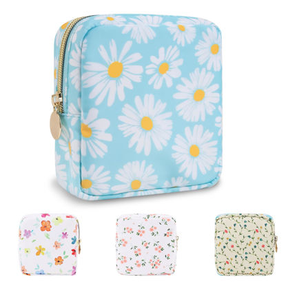 Picture of UIXIZQ Waterproof Mini Floral Makeup Bag Pouch for Purse,Nylon Flower Cosmetic Travel Bag Small Preppy Toiletry Organizers Bag for Women Girl,Cute Zipper Pouch Coin Purse for Work(Mini Blue-Daisy)