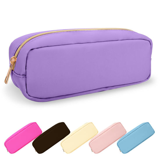 Picture of UIXIZQ Waterproof Small Pencil Case Makeup Bag for Purse,Cute Pencil Pouch Preppy Nylon Makeup Brush Holder with Zipper,Girls Portable Storage Case Small Pen Bag for Office College(Slim-Purple)