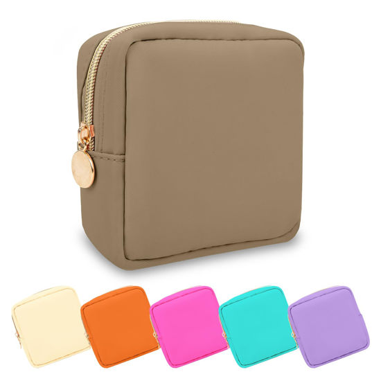 Picture of UIXIZQ Waterproof Mini Makeup Bag Pouch for Purse,Small Cosmetic Travel Bag Pouch Nylon Toiletry Organizers Bag for Women Girls,Cute Mini Zipper Pouch Preppy Coin Purse for Work Camping(Mini-Khaki)