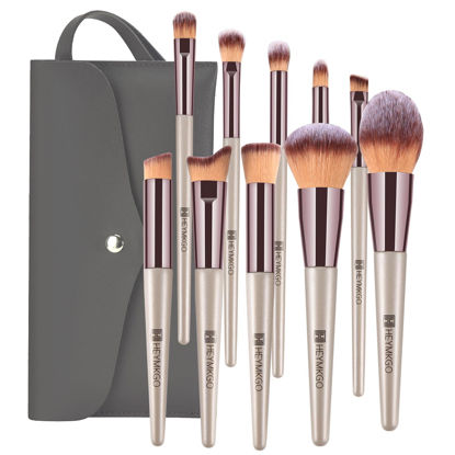 Picture of Makeup Brushes Set, HEYMKGO Portable Makeup Brush Set Professional Champagne Gold Premium Synthetic Foundation Brush Powder Concealers Eye Shadows Blush with Cosmetic Bag 10PCS Common Types