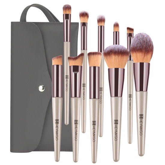 Picture of Makeup Brushes Set, HEYMKGO Portable Makeup Brush Set Professional Champagne Gold Premium Synthetic Foundation Brush Powder Concealers Eye Shadows Blush with Cosmetic Bag 10PCS Common Types