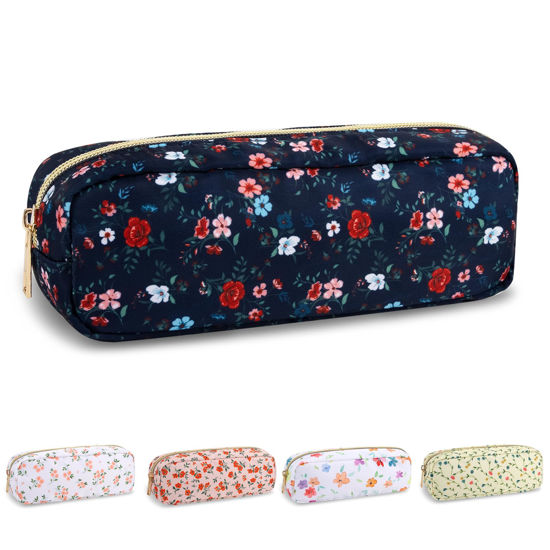 Picture of UIXIZQ Waterproof Small Floral Pencil Case Makeup Bag for Purse,Cute Flower Pencil Pouch Preppy Nylon Makeup Brush Holder with Zipper,Girls Portable Storage Case Pen Bag for Work(Slim Black-Flowers)