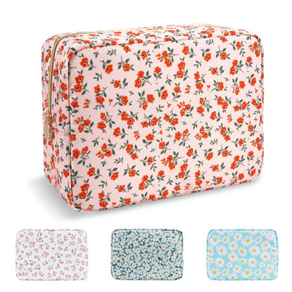 Picture of Waterproof Large Floral Makeup Bag Pouch,Nylon Travel Toiletry Storage Bag Preppy Flower Cosmetic Bag for Women Girl,Large Capacity Makeup Organizer Bag Zipper Pouch for Work(Large Pink-Flowers)
