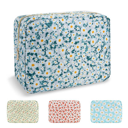 Picture of Waterproof Large Floral Makeup Bag Pouch,Nylon Travel Toiletry Storage Bag Preppy Flower Cosmetic Bag for Women Girl,Large Capacity Makeup Organizer Bag Zipper Pouch for Work(Large Green-Daisy)