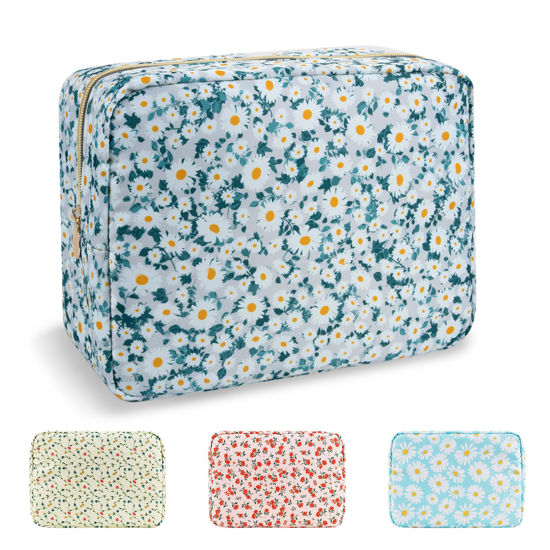 Picture of Waterproof Large Floral Makeup Bag Pouch,Nylon Travel Toiletry Storage Bag Preppy Flower Cosmetic Bag for Women Girl,Large Capacity Makeup Organizer Bag Zipper Pouch for Work(Large Green-Daisy)