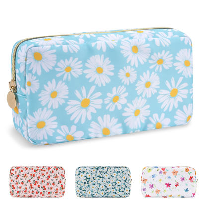 Picture of Waterproof Small Floral Makeup Bag Pouch for Purse,Nylon Flower Cosmetic Bag Preppy Travel Toiletry Storage Bag for Women Girl,Cute Makeup Organizer Bag Skincare Bag with Zipper(Small Blue-Daisy)