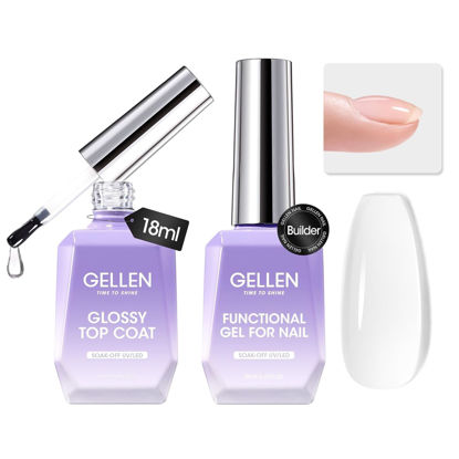 Picture of Gellen Builder Gel for Nails and Gel Top Coat, 2Pc 18ml Nail Builder Gel and Glossy Top Coat Gel Polish, No Wipe Clear Gel Top and Builder Base Coat Soak Off UV Gel for Gel Nail Polish