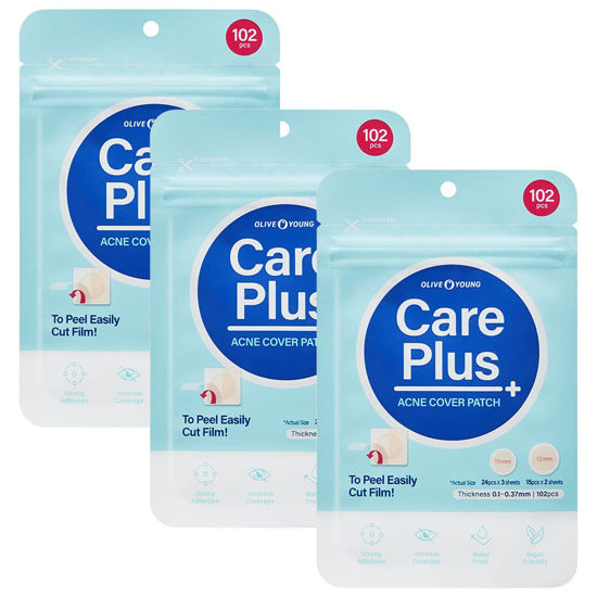 Picture of OLIVE YOUNG Care Plus Spot Patch 3 Pack | Hydrocolloid Acne Korean Spot Patch to Cover Zits, Pimple | Invisible Acne Patches for Troubled Skin (306 Count-10mm*216ea + 12mm*90ea)