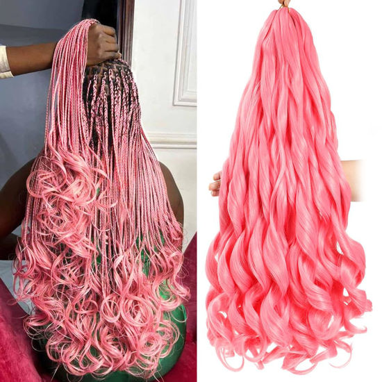 Picture of French Curly Braiding Hair 24 Inch 8 Packs Pink Color - Pre Stretched Bouncy Braiding Hair- Loose Wavy Braiding Hair Synthetic Hair Extensions For Black Women (24 inch 8 packs, Pink)