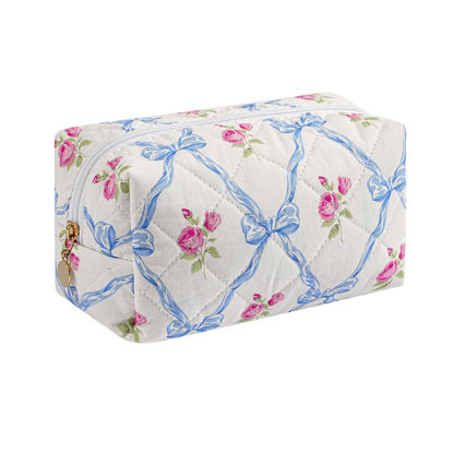 Picture of HHQQWZ Makeup Bag Travel Cosmetic Bag for Women Girls, Zipper Make Up Pouch, Floral Flowers Toiletry Organizer Makeup, Portable Storage Bag, Cosmetic Travel Cloth Bag (Blue Bowknot/Gold Zipper)