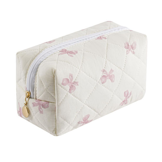 Picture of HHQQWZ Makeup Bag Travel Cosmetic Bag for Women Girls, Zipper Make Up Pouch, Floral Flowers Toiletry Organizer Makeup, Portable Storage Bag, Cosmetic Travel Cloth Bag (Pink Bow Tie)