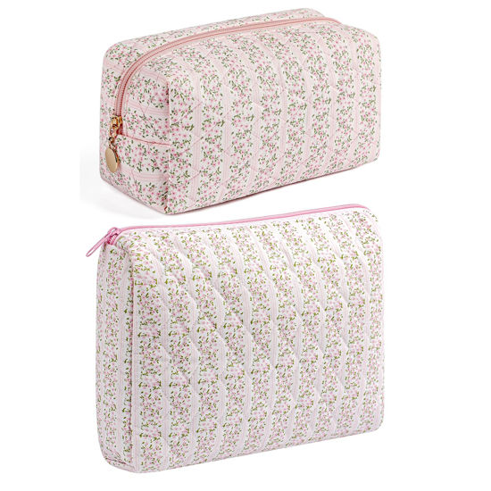 Picture of HHQQWZ Makeup Bag Travel Cosmetic Bag for Women Girls, Zipper Make Up Pouch, Floral Flowers Toiletry Organizer Makeup, Portable Storage Bag, Cosmetic Travel Cloth Bag (2 Pack (L+S)/Pink Floral)