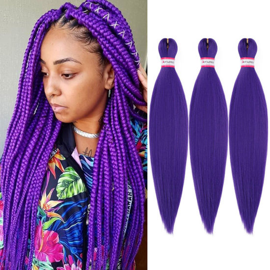 Picture of Dorsanee Purple Braiding Hair Pre Stretched 20 Inch 3 Packs Professional Easy Braiding Hair for Crochet Braids Twists Locs Hair Soft Yaki Texture Hot Water Setting Synthetic Hair Extensions