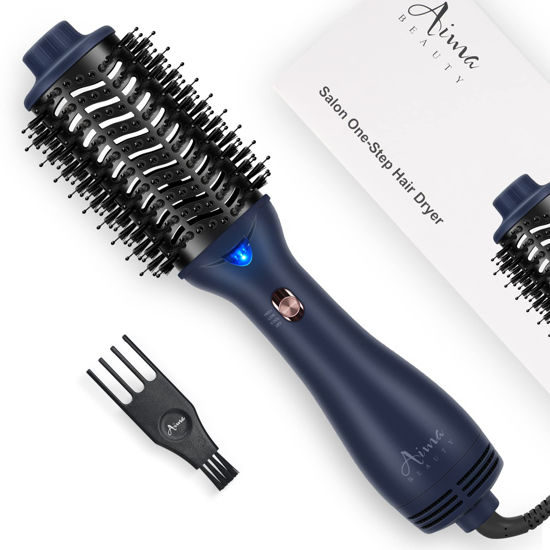 Picture of One Step Hair Dryer & Volumizing Hot Air Brush, Aima Beauty Hair Blow Dryer Brush, Ceramic Straightener Brush, Curler & Hot Comb 4 in 1 Salon Ionic Hair Brush, Prussian Blue