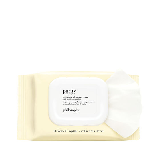 Picture of philosophy purity made simple one-step facial cleansing cloths - easily removes makeup, dirt & oil on the go - skin is left clean and comfortable with no rinsing needed - 30 ct.