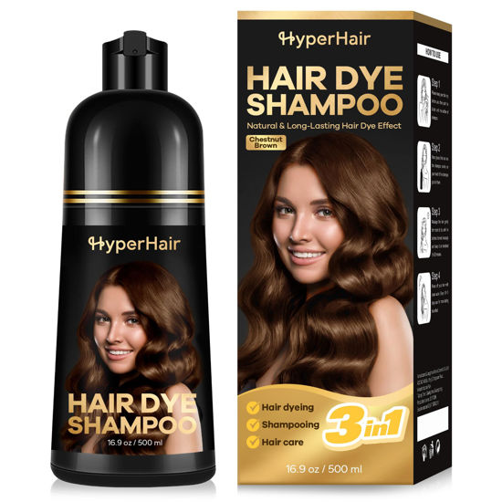 Picture of HyperHair Chestnut Brown Hair Dye Shampoo, Shampoo for Color Treated Hair, Hair Dye for Covering Gray Hair, Shampoo for Gray Hair, Suitable for Women & Men, Hair Dye Shampoo 3 In 1