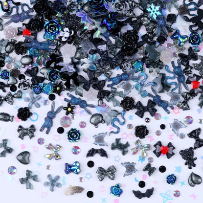Picture of Sinyanail 300pcs Nail Art Charms Kit,Over 100pcs Mixshape Resin Nail Gems and 100 pcs Mixed Flatback Nail Rhinestones Pearls with Over 100pcs Nail Sequins for Nail Art Accessories(Black)
