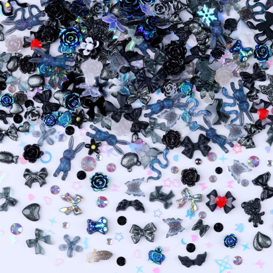 Picture of Sinyanail 300pcs Nail Art Charms Kit,Over 100pcs Mixshape Resin Nail Gems and 100 pcs Mixed Flatback Nail Rhinestones Pearls with Over 100pcs Nail Sequins for Nail Art Accessories(Black)