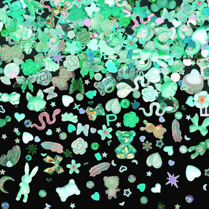 Picture of Sinyanail 300pcs Nail Art Charms Kit,Over 100pcs Mixshape Resin Nail Gems and 100 pcs Mixed Flatback Nail Rhinestones Pearls with Over 100pcs Nail Sequins for Nail Art Accessories(Green)
