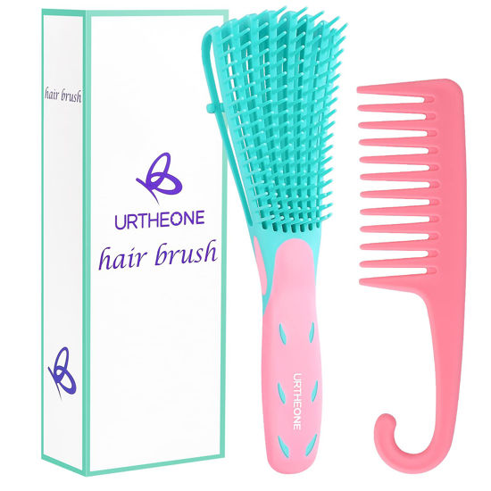 Picture of Detangling Hair Brush, Detangling brush for Adults and Kids, Comb Set for Kinky Curly Coily and Wavy Hair, For Wet and Dry Hair, Afro American Type 3a-4c, Comfortable Grip, Easy to Clean(Pinkgreen)
