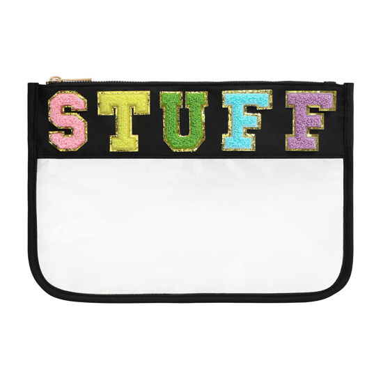 Picture of DYSHAYEN Chenille Letter Clear Zipper Pouch for Travel,Nylon Clear Cosmetic Bag,Makeup Travel Bag for Women (Black-Stuff)