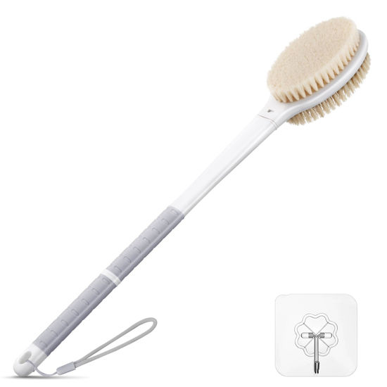 Picture of Back Scrubber Body Shower Brush: Anti Slip Long Handle Bath Brush with Stiff and Soft Bristles - Showering Exfoliator for Women, Men, Elderly (Grey)