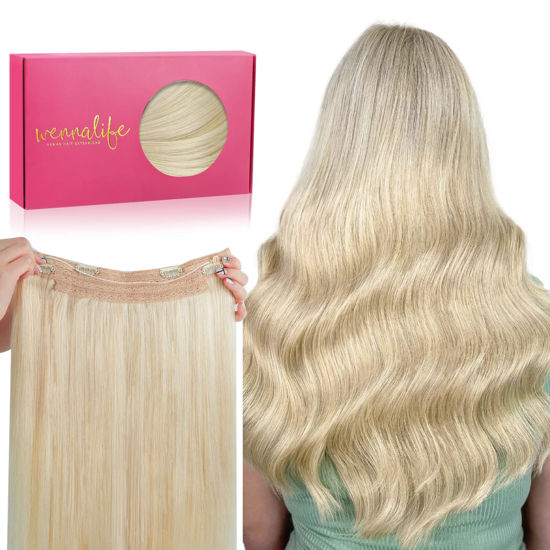 Picture of WENNALIFE Wire Hair Extensions (Increase 50% Lifespan) Real Human Hair 22 inch 120g Bleach Blonde Remy Wire Hair Extensions Invisible Transparent Fish Line Straight Real Hair Extensions