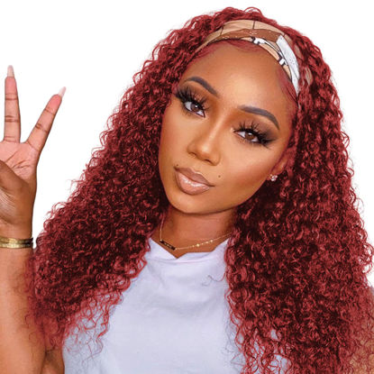 Picture of WENYAN 99J Burgundy Headband Wig Human Hair Deep Wave 12 Inch Red Colored Curly Headband Wigs for Black Women Human Hair Glueless None Lace Front Wigs Brazilian Virgin Hair Wig 150% Density