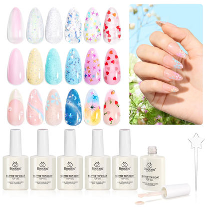 Picture of beetles Gel Polish 6Pcs Heart Star Reflective Glitter Gel Top Coat Set, Clear Pink Color Pastel Gel Nail Polish No Wipe Top Coat Long Lasting Highly Shine Soak Off Uv Gel Art