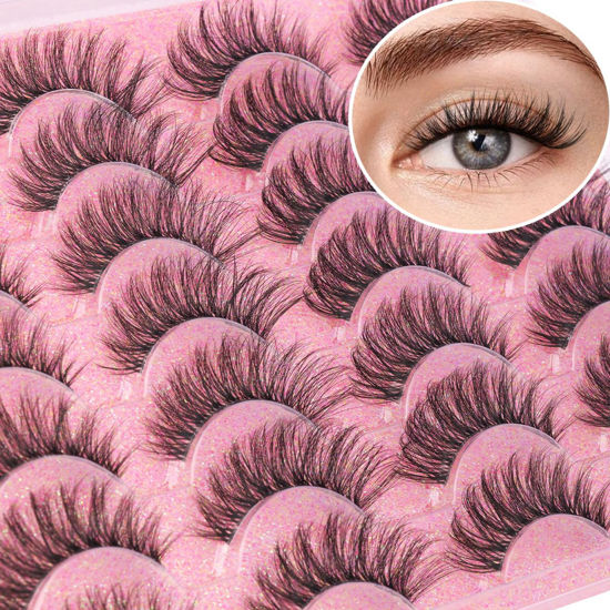 Picture of Lashes Natural Look Faux Mink Eyelashes Wispy Clear Band Lashes Fluffy 16mm Natural False Lashes Cat Eye Short Strip Lashes Pack 14 Pairs