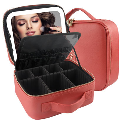 Picture of MOMIRA Travel Cosmetic Train Case with Lighted Mirror 3 Color Scenarios Cosmetic Bag Organizer with Adjustable Dividers Makeup Storage for Women, Makeup Accessories & Tools Case Red