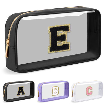 Picture of UIXIZQ Personalized Initial Letter Clear Makeup Bag,Preppy Small Nylon&PVC Cosmetic Zipper Bag with Chenille Letter,Travel Skincare Toiletry Bag,Monogram Pencil Case Pouch Gift for Teen Girls Women,E