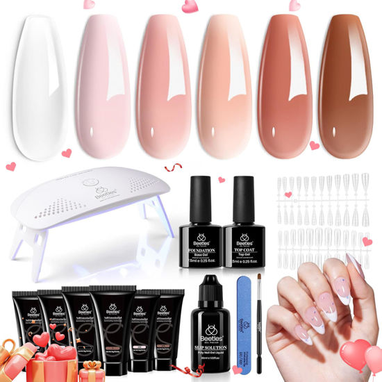 Picture of Beetles Poly Nail Gel Kit with Uv Light,6 Colors Clear Nude Brown Neutral Color Beetles Poly Gel Nail Extension Gel Set Builder Hybrid Jelly Gel with Base Top Coat Valentine's Day Gift for Women