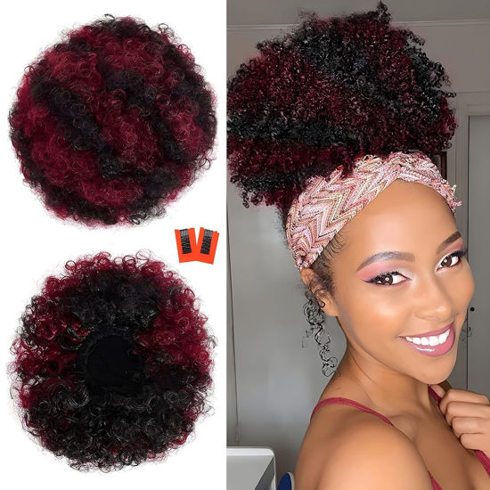 Picture of rosmile Afro Puff Drawstring Ponytail Extension for Black Women, Premium Black to Burgundy 80 Gram Short Synthetic Afro Puff Ponytail for Natural Hair, Clip on Kinky Drawstring Curly Ponytail Bun