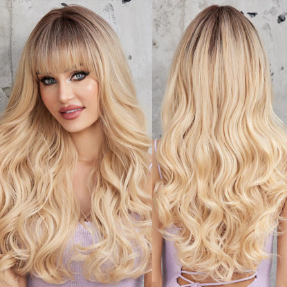 Picture of HAIRCUBE Ombre Blonde Wigs with Bangs Synthetic Women's Wig Long Wavy Layered Heat-Resistant Wig for Daily Use Natural and comfortable